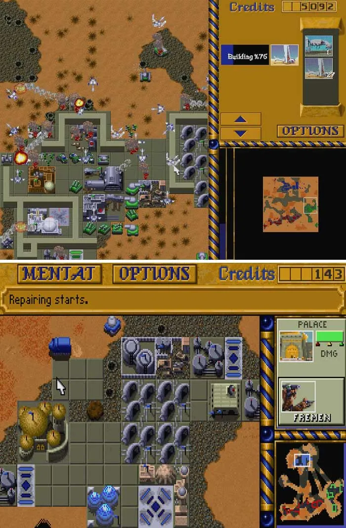 Retro video game screenshot showing base-building strategy gameplay with units, structures, and terrain details.