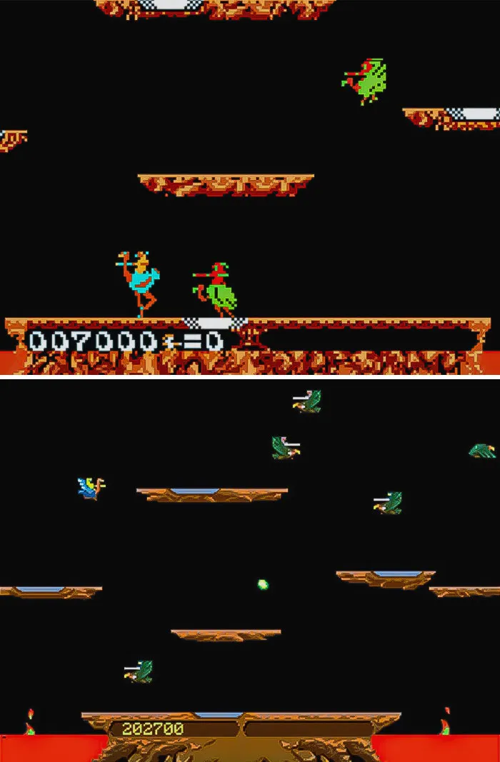 Screenshots of retro video games with pixelated characters and platforms in classic 8-bit style gameplay design.
