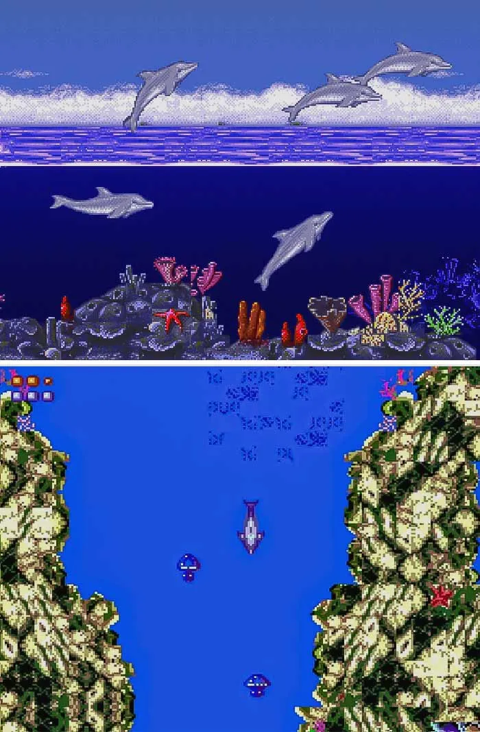 Pixel art from retro video games showing dolphins swimming above and below water with coral reefs and cliffs.
