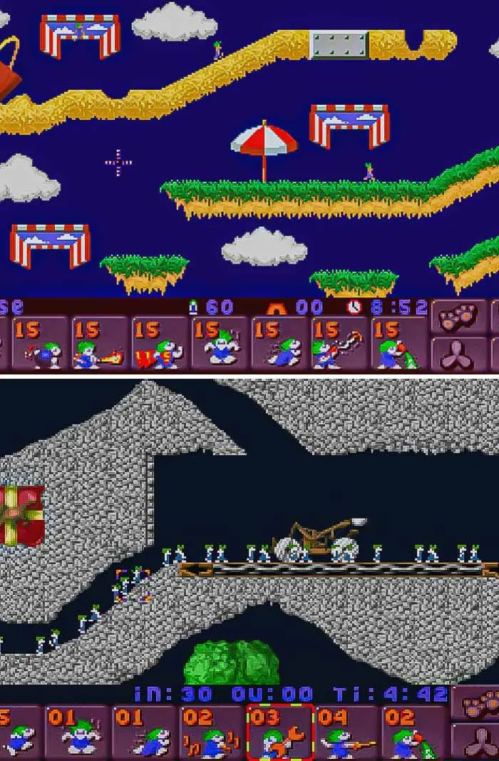 Retro video games gameplay showing pixel art characters and environments in classic 90s style platformer levels.