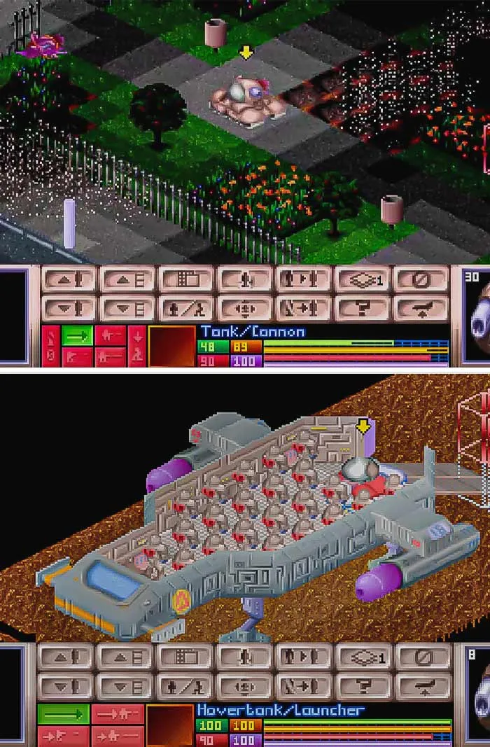Retro video game scenes showing tank and hovertank units with pixelated graphics and classic game interface.