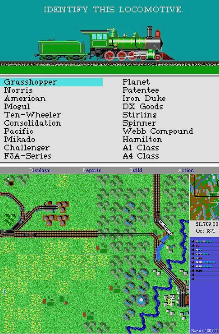 Retro video game screenshot showing locomotive identification and rail network in a classic simulation game.