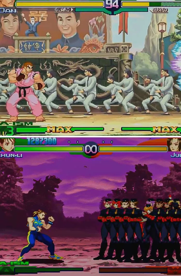 Retro video game fighting scenes featuring classic pixelated characters battling in vibrant, nostalgic backgrounds.
