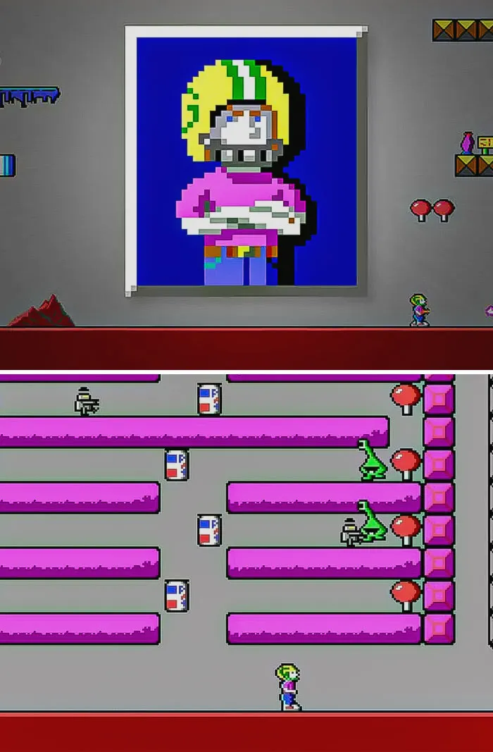 Pixel art from retro video games showing classic platform challenges with a character in a helmet and various enemies.