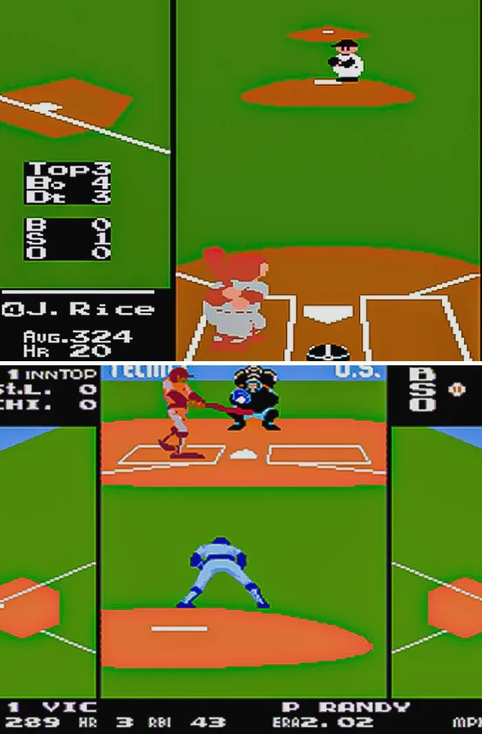 Split-screen gameplay of retro video games showing pixelated baseball scenes with players pitching and batting on green fields.