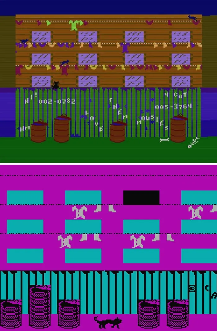 Pixelated scenes from classic retro video games featuring cats climbing buildings and fences in vibrant colors.