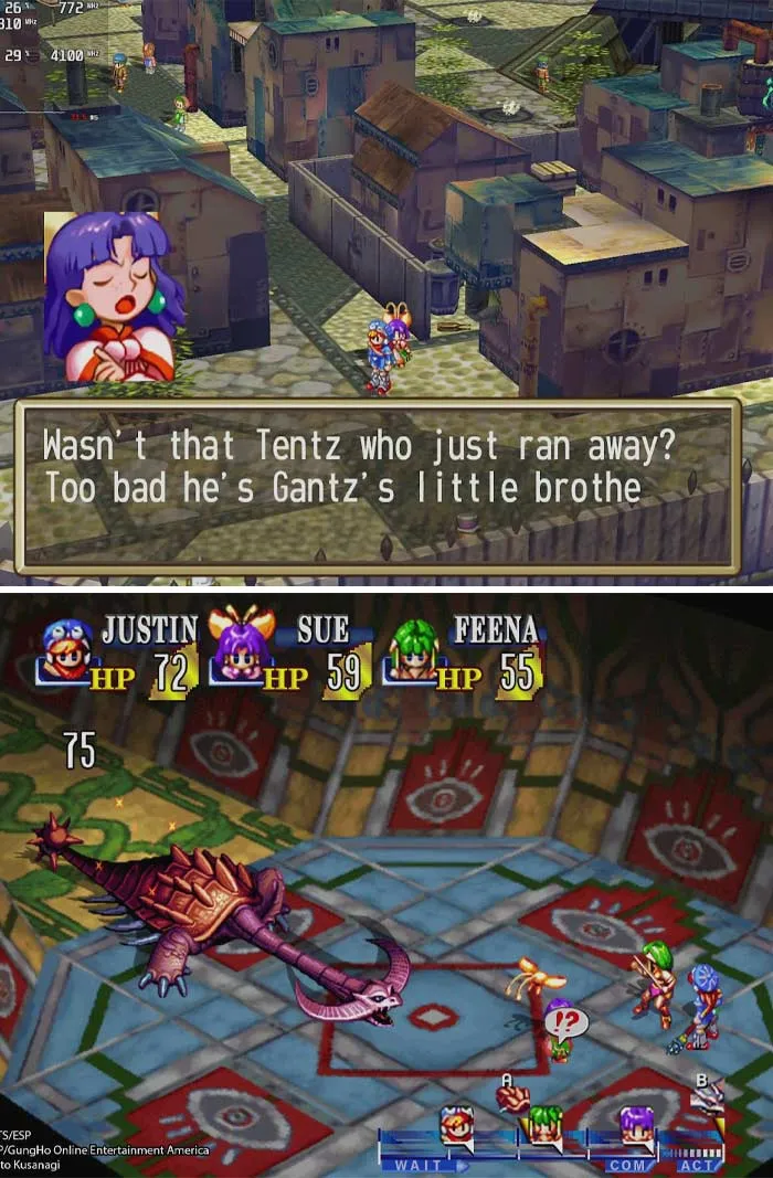 Retro video game screenshot showing character dialogue and a battle scene with fantasy creatures and health points.