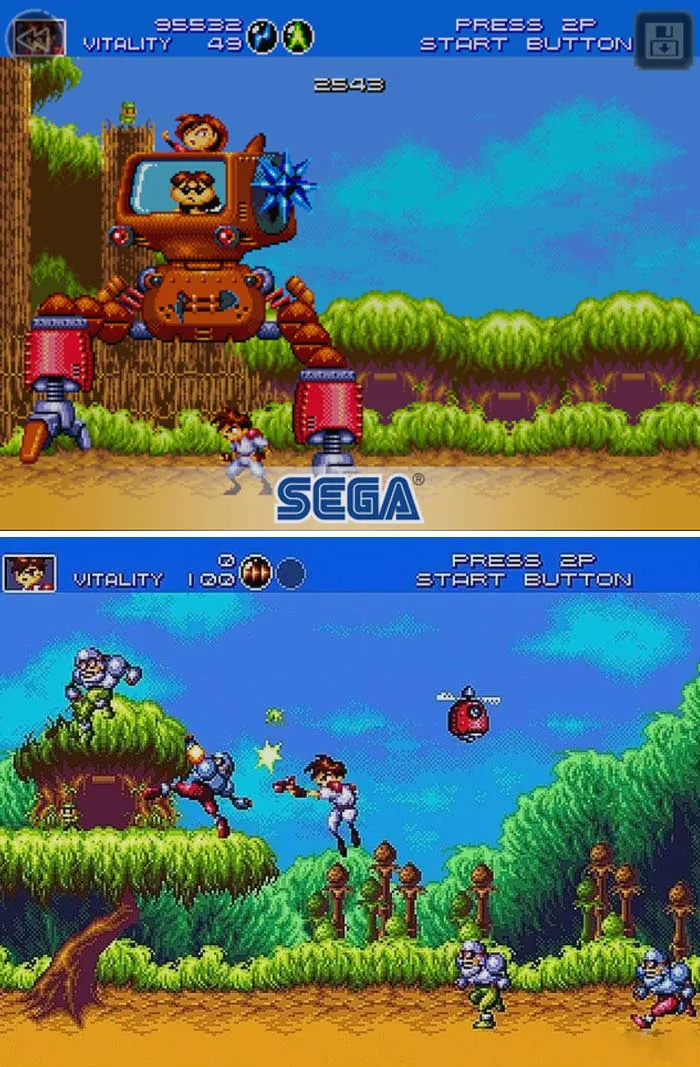Retro video games gameplay scenes from a classic Sega platformer with pixel art and vibrant forest backgrounds.