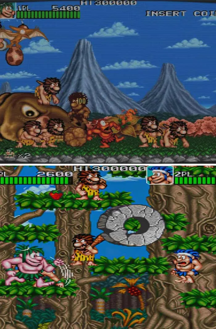 Retro video game scenes showing cavemen characters in colorful prehistoric environments with health bars and score displays.