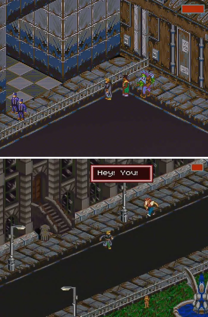 Pixelated retro video game scenes featuring characters in urban settings from classic retro video games.