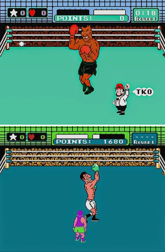 Retro video game boxing match screenshots showing pixelated fighters and scoreboards in classic arcade style.