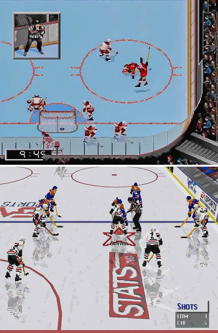 Two retro video games showing pixelated ice hockey matches on classic gaming consoles.
