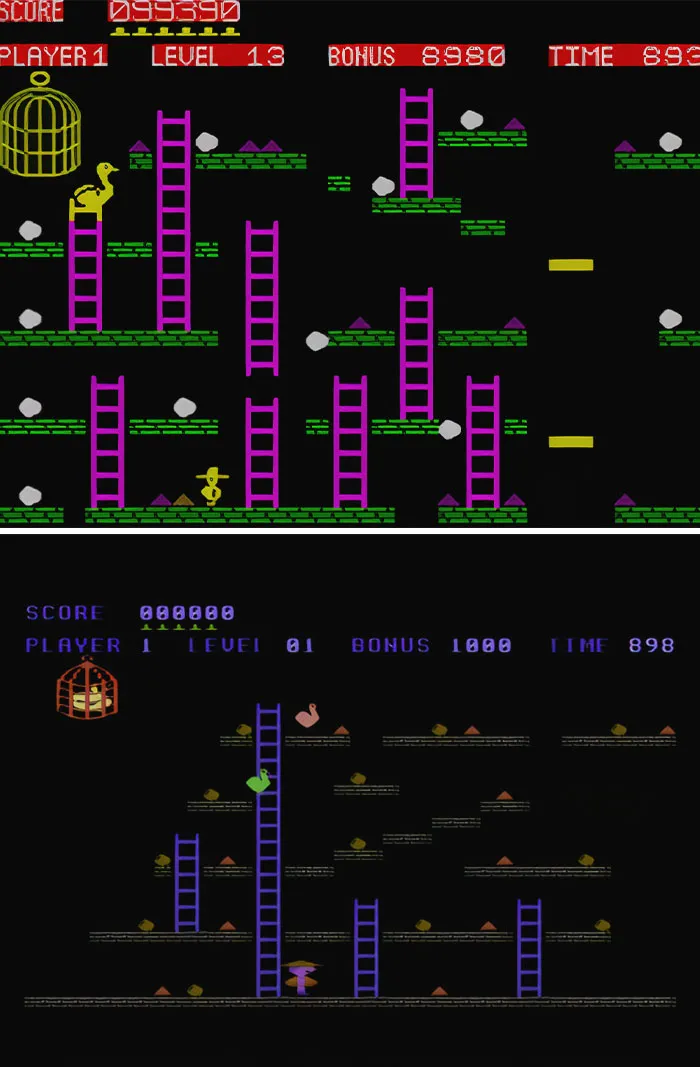 Retro video games featuring colorful ladders, platforms, and characters navigating classic arcade levels.