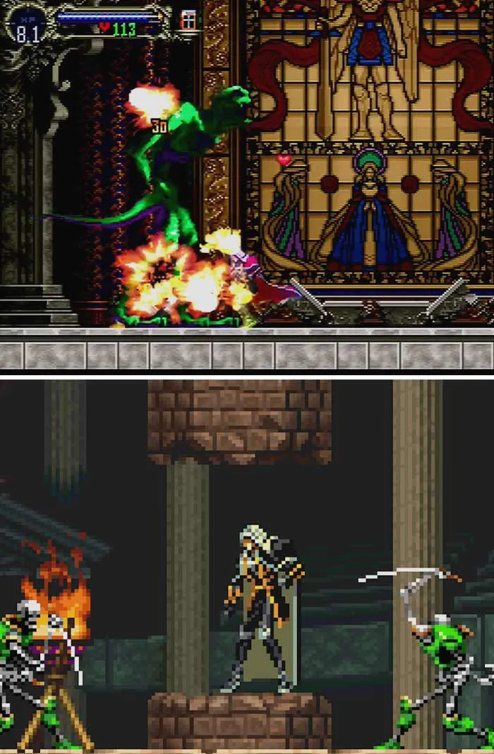 Retro video games showing pixel-art characters battling monsters in classic action scenes from vintage gaming.