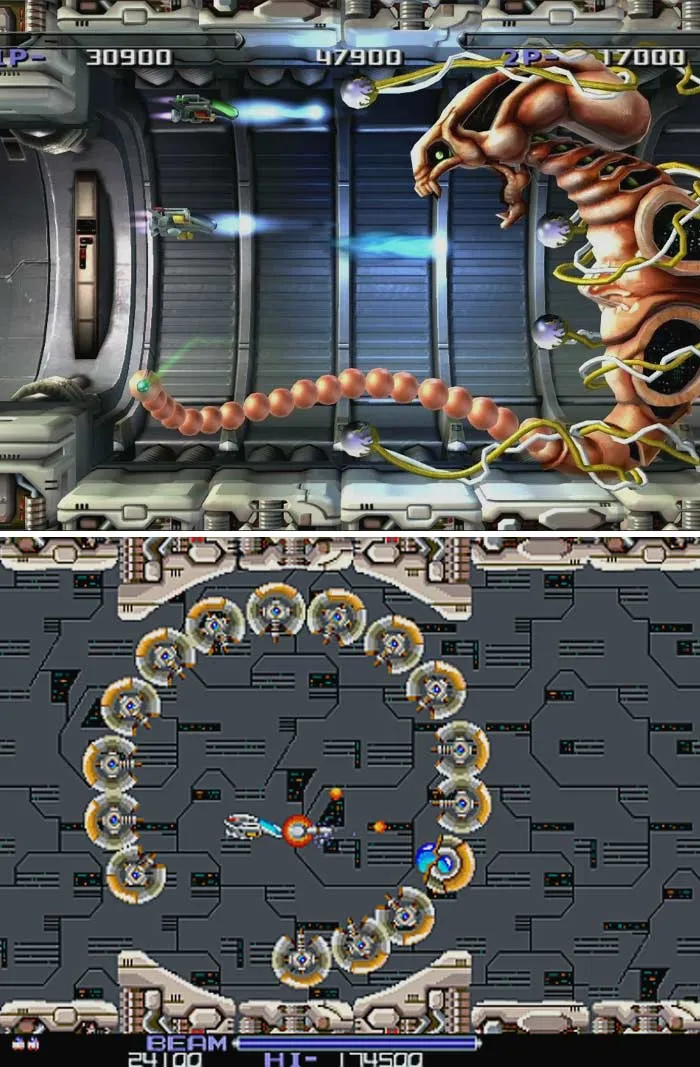 Retro video games screen showing spaceship battles with futuristic enemies in classic arcade shooting style.