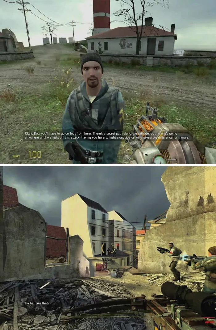 First-person shooter game scenes from retro video games featuring characters in combat and ruined urban environments.