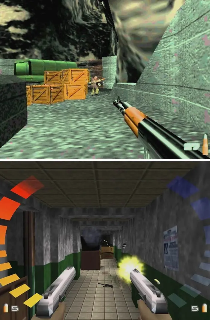 Retro video games showing first-person shooter action with graphics from classic 90s games.