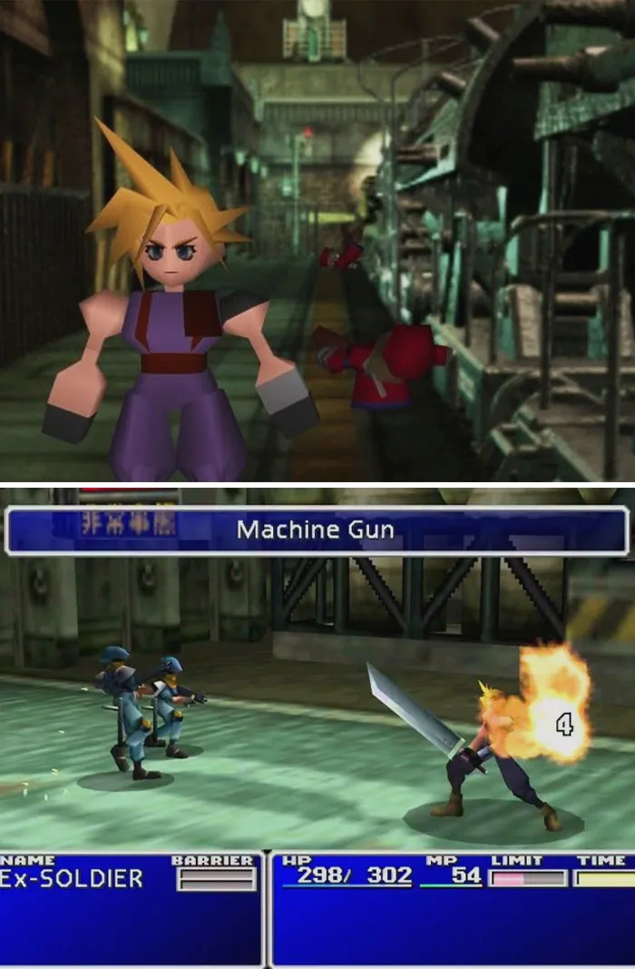 Retro video game scenes showing a blocky character and turn-based combat with machine gun attack effects.