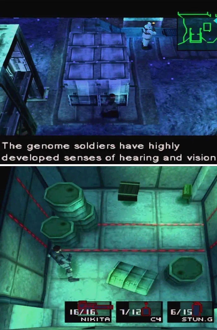 Gameplay screenshot of a stealth mission scene from a retro video game with security lasers and soldiers.