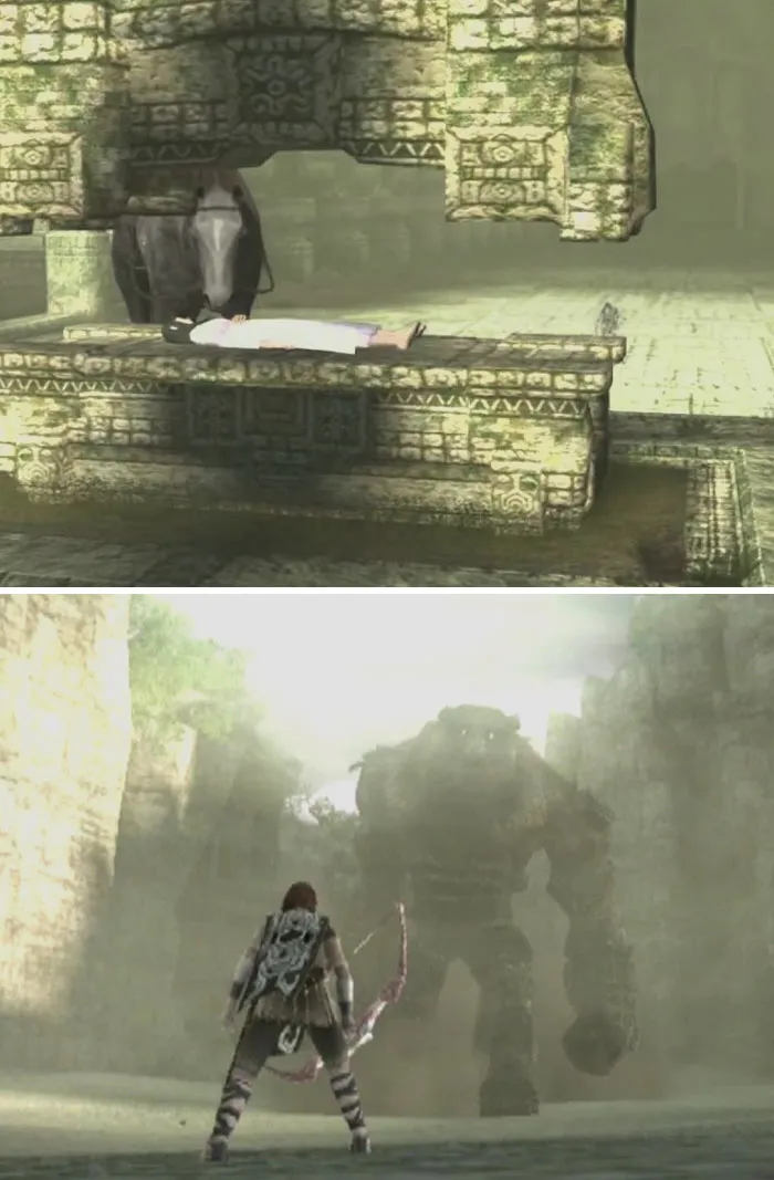 Retro video game scenes featuring an ancient stone temple and a giant colossus battle from classic adventure gameplay.