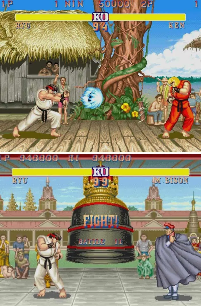 Retro video game scenes showing classic Street Fighter characters Ryu and Ken in pixel art battles.