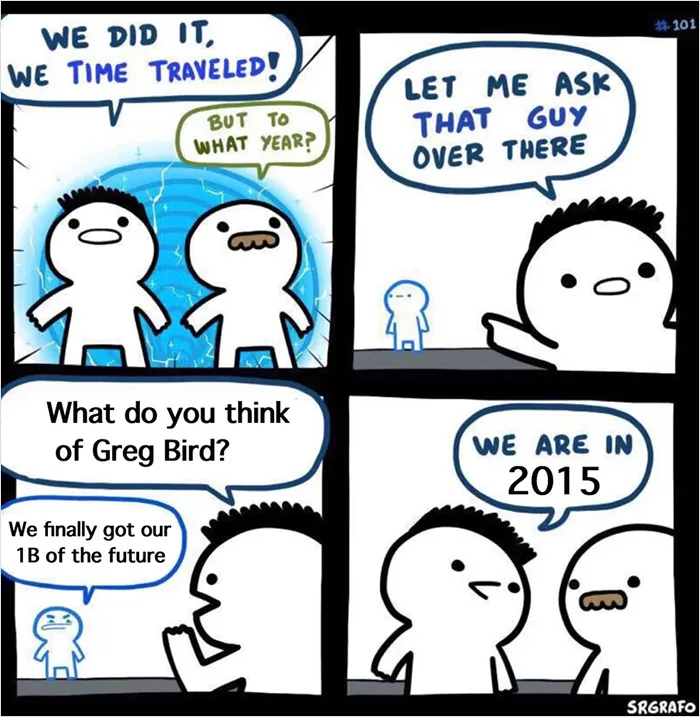 Comic strip showing characters time traveling with a funny science joke about Greg Bird and the year 2015.