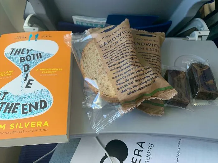 Hoy tomé un vuelo de 2 horas y media, así que solo nos dieron un sándwich de ensalada de huevo y, más tarde, un brownie. El sándwich realmente me gustó así que le pedí otro a la azafata. Ella no solo me dio 2 sándwiches, sino también ¡2 brownies! ¡Espero que todos tengan un buen día!