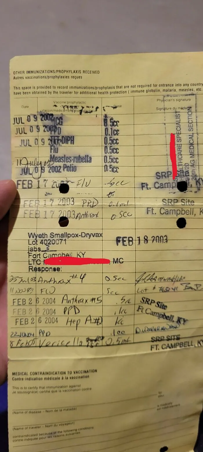 My Vaccine Card From My Time In Us Army 2002-2005
