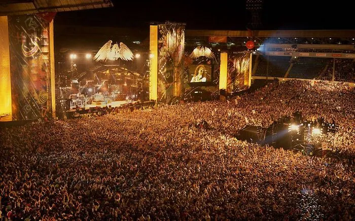 April 20, 1992. The Freddie Mercury Tribute Concert Is Held At Wembley Stadium, Featuring Queen, Metallica, Def Leppard, Spinal Tap, U2, Guns N' Roses, David Bowie And Elton John Among Others