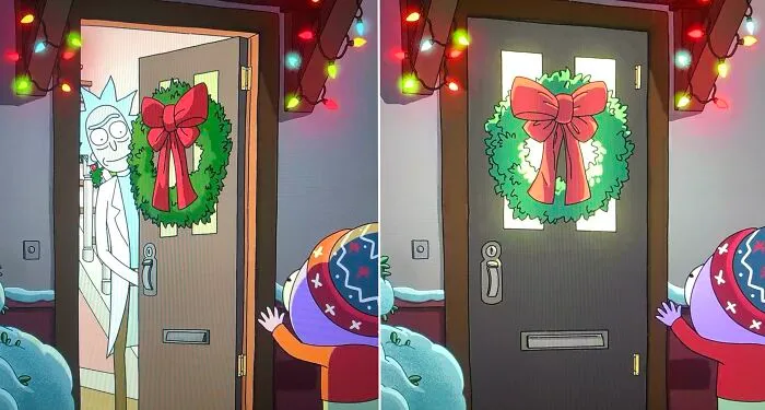 En Rick y Morty, 4ª temporada, episodio 6: Cuando Rick cierra la puerta de Goomby, las bisagras se quedan en el exterior de la puerta