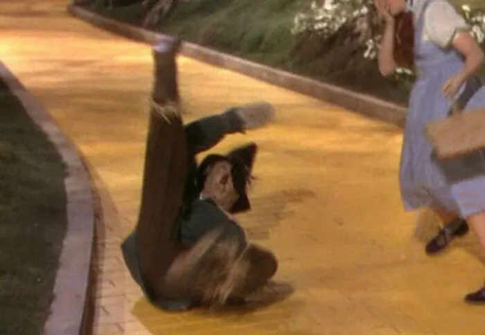 In The Movie The Wizard Of Oz (1939) In One Shot You Can See That Dorthey Isn't Wearing Her Ruby Red Slippers When She And The Scarecrow Are Trying To Get Apples