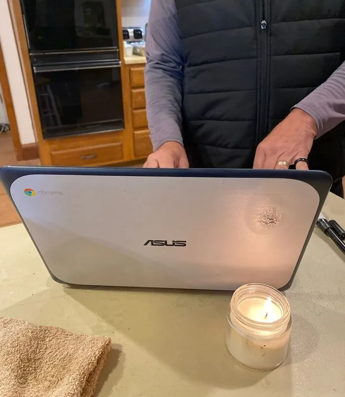 My Dad Says “Google Is Doing This Stupid Thing Where It Blurs The Top Left Part Of The Results. Facebook Is Doing It Too Actually.” He Melted The Top Left Corner Of His Screen