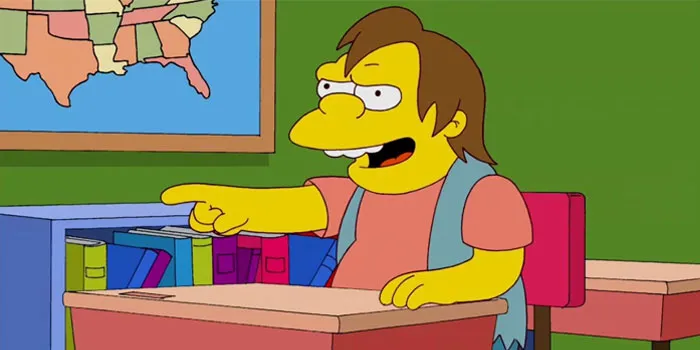 The Simpsons character Nelson Muntz laughs at something