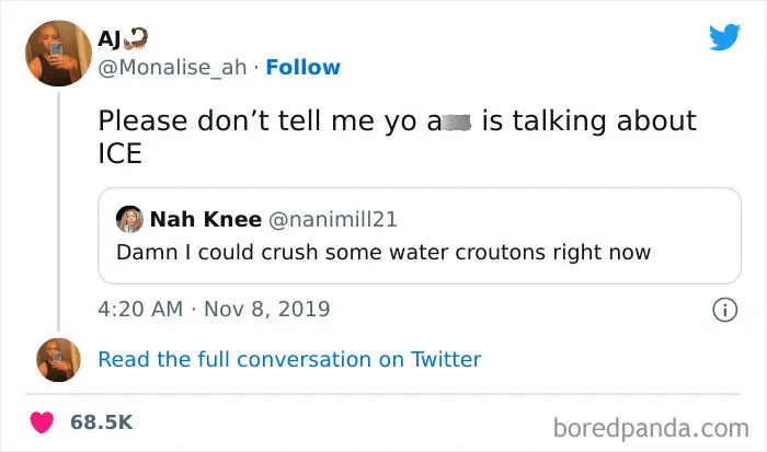 Tweet exchange about ice humorously referred to as "water croutons," showcasing a creative alternative name.