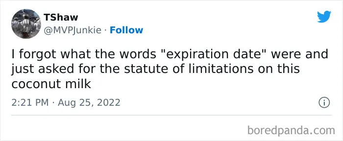 Tweet humorously confusing "expiration date" with "statute of limitations" for coconut milk, showcasing funny alternatives.