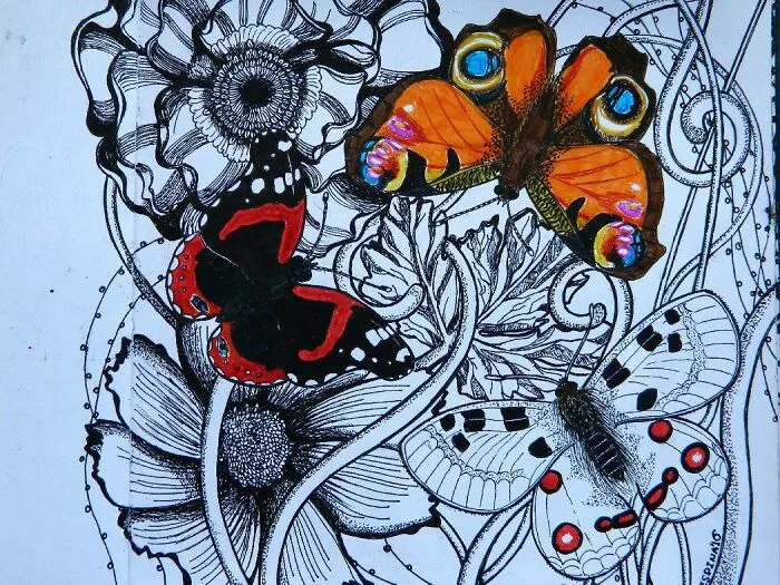 I Draw Zendagles, In My Free Time! The Pictured One, Contains Some Flower And Leaves Patterns, As  Well Some Butterflies Of Greece, A Vanessa Atalanta, An Aglais Io And A Rare Parnassius Apollo. I Hope You Like It!