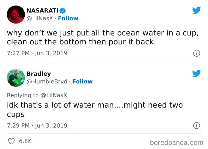 Twitter conversation showing a funny science joke about ocean water cups, fitting science jokes and memes keyword.