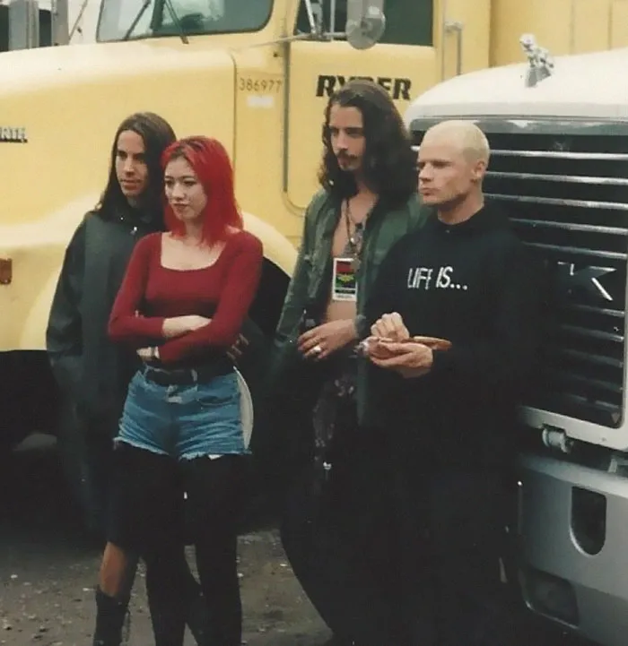 Chris Cornell Of Soundgarden With Anthony Kiedis And Flea Of Red Hot Chili Peppers & Miki Berenyi Of Lush. Lollapalooza. 1992