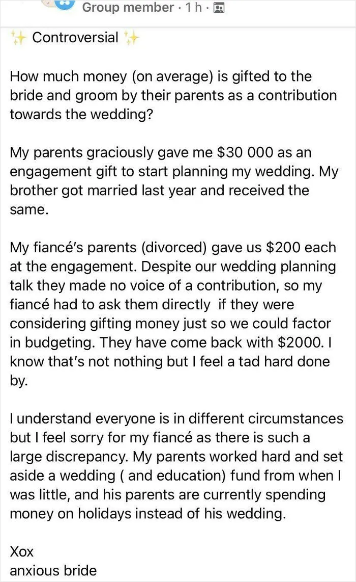 Spare A Thought For This Poor Girl Who Has Been Dealt The Injustice Of Being Gifted A Mere $32,000 For Her Wedding