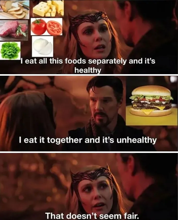 Meme showing funny science joke about eating separate healthy foods versus unhealthy combined burger.
