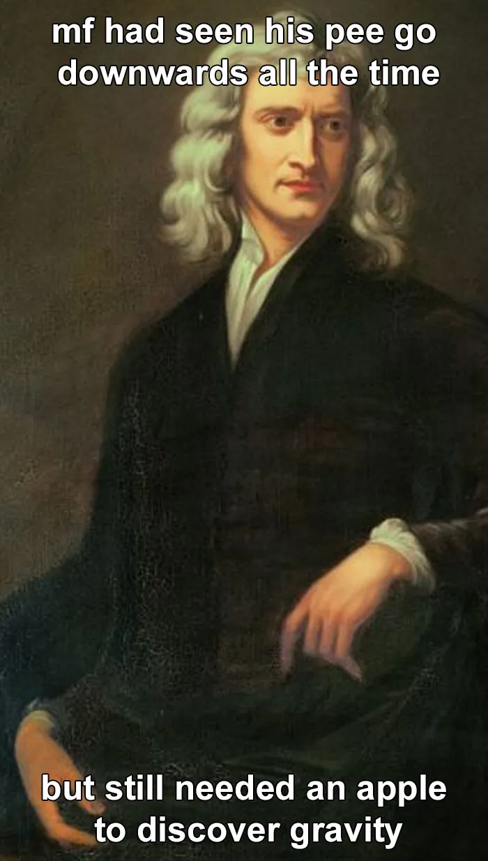 Portrait of Isaac Newton with a humorous science meme about gravity, fitting funny science jokes and memes theme.