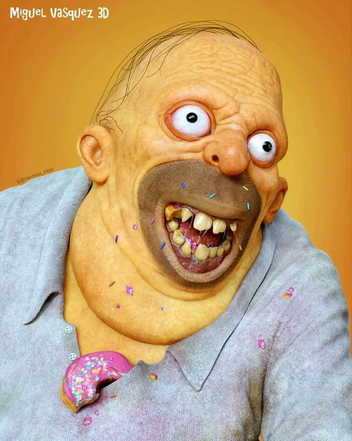 Unsettling digital version of a popular cartoon character, featuring exaggerated features and a disheveled appearance.
