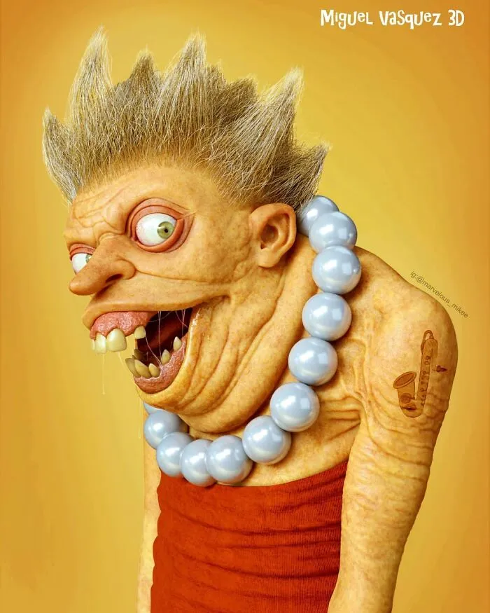 Unsettling digital artwork of a popular cartoon character with exaggerated features and a beaded necklace.