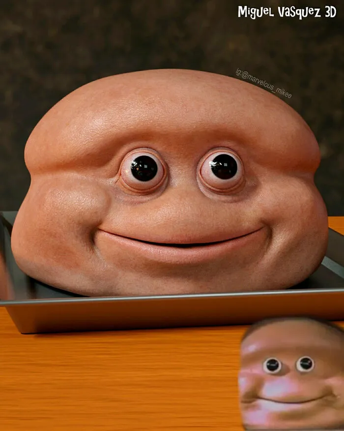 Unsettling digital version of popular cartoon character by artist, with exaggerated features on a baking tray.