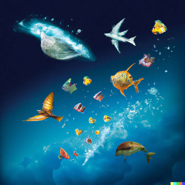 Fantasy world underwater scene with vibrant fish and glowing creatures inspired by real-world elements and AI creation.