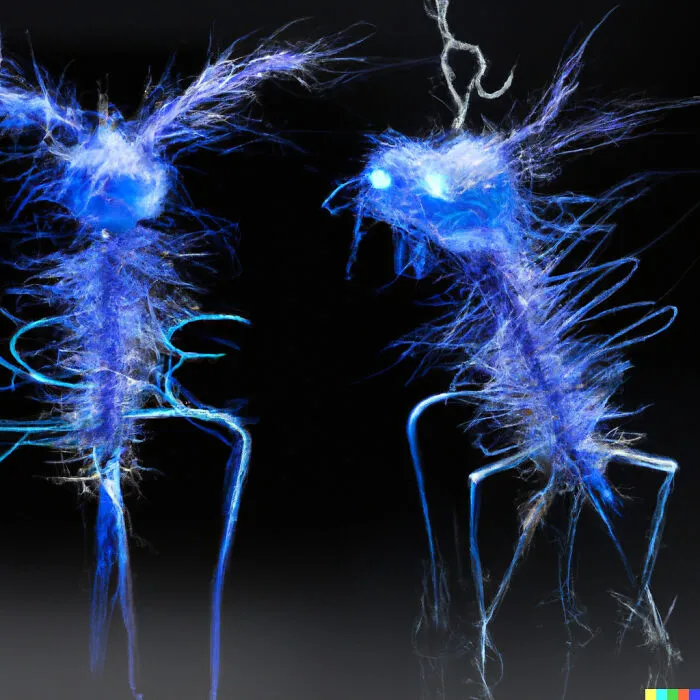 Two glowing blue creatures with electric-like fur and humanoid shapes in a fantasy world inspired by AI and real elements.