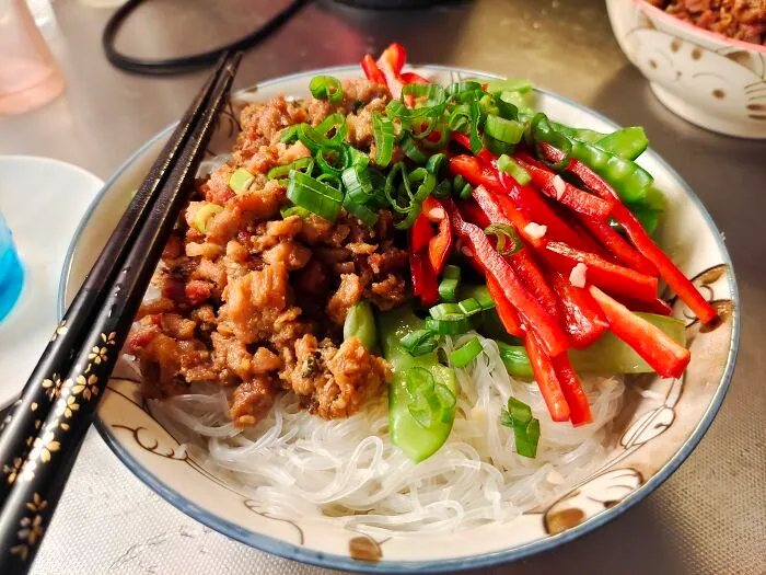 Not Big On The Whole Breakfast Thing So Here's An Early Lunch. Caramelized Pork With Rice Noodles And Veggies. Sorry For The Messy Countertop
