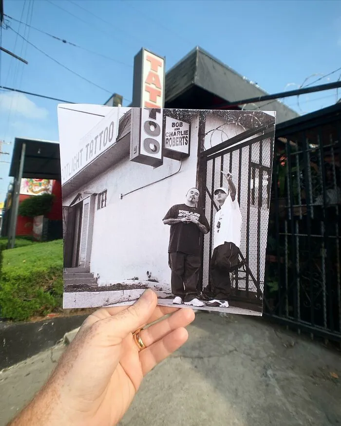 Eminem And Mister Cartoon Outside Hollywood Bob And Charlie Robert’s Spotlight Tattoo. Taken By Gregory Bojorquez