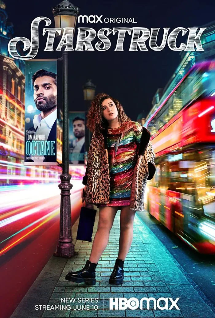HBO TV show Starstruck poster featuring a woman in a colorful dress and leopard print coat standing on a city street.