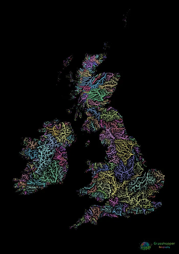River Basin Map Of The British Isles In Pastel Colours